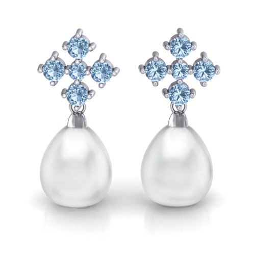 Freshwater Pearl Drop Earrings with Accents – Sterling Silver with Aquamarine