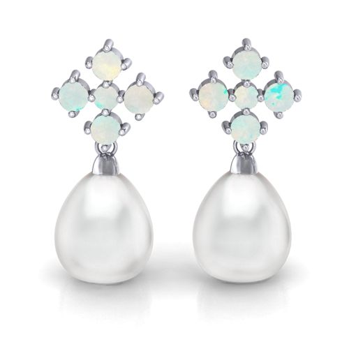 Freshwater Pearl Drop Earrings with Accents – Sterling Silver with Opal