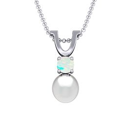 Round Solitaire with Freshwater Pearl Pendant Drop in 925 Sterling Silver with Opal