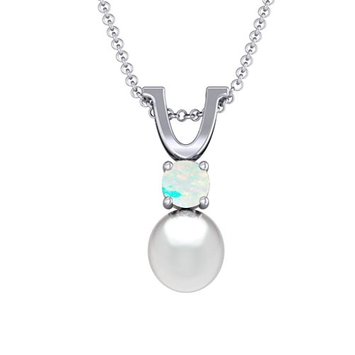 Round Solitaire with Freshwater Pearl Pendant Drop – Sterling Silver with Opal