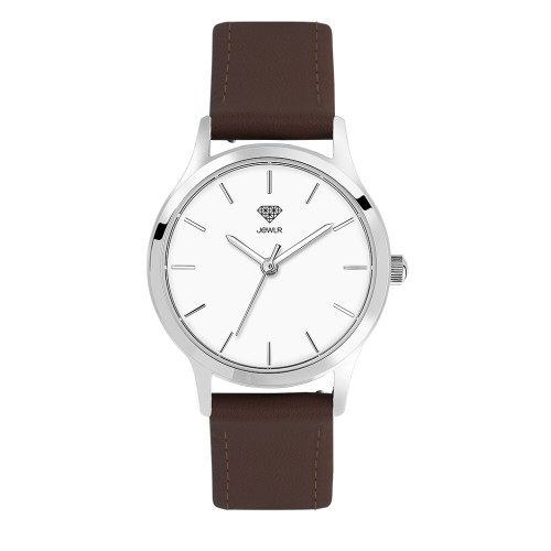 Men's Personalised Dress Watch - 32mm Downtown - Steel Case, White Dial, Brown Leather