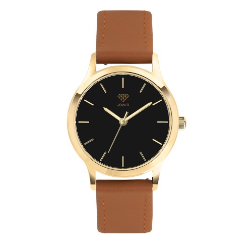 Men's Personalised Dress Watch - 32mm Uptown - Gold Case, Black Dial, Tan Leather