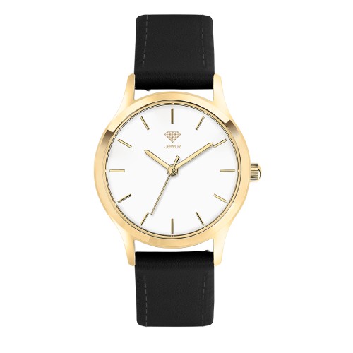 Men's Personalised Dress Watch - 32mm Uptown - Gold Case, White Dial, Black Leather