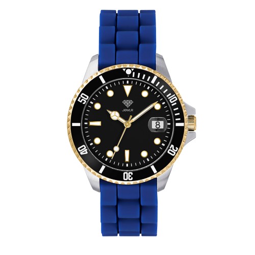 Men's Personalised Sport Watch - 38mm Atlantic - 2-Tone Case, Black Dial, Blue Silicone