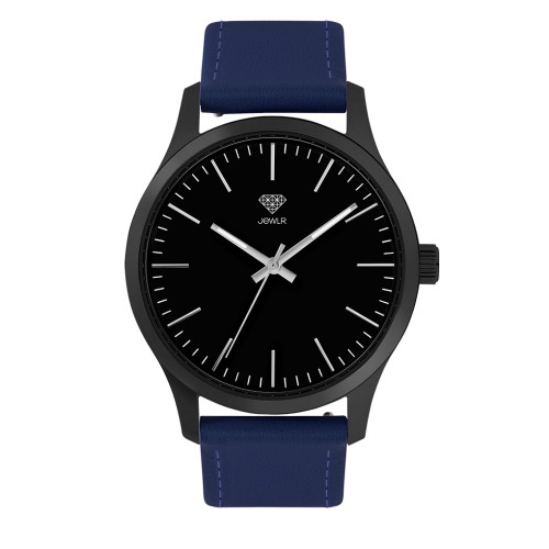 Men's Personalised Dress Watch - 40mm Midtown - Black Case, Black Dial, Blue Leather