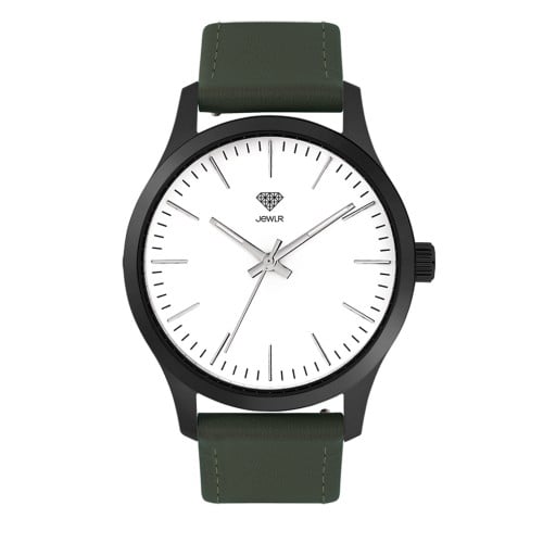 Men's Personalised Dress Watch - 40mm Midtown - Black Case, White Dial, Green Leather