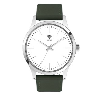 Men's Personalised Dress Watch - 40mm Downtown - Polished Steel Case, White Dial, Green Leather