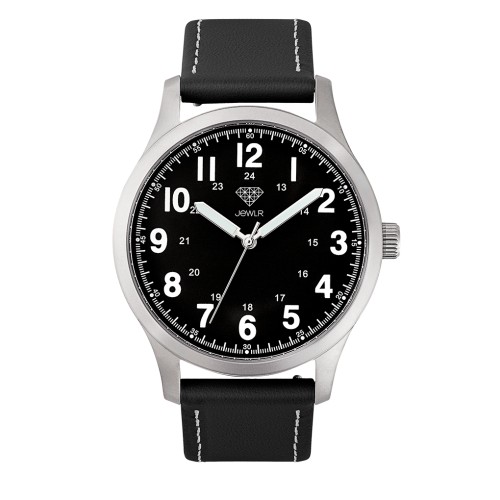 Men's Personalised Field Watch - 40mm Voyager - Steel Case, Black Dial, Black Leather