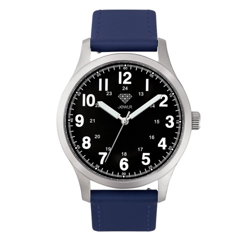 Men's Personalised Field Watch - 40mm Voyager - Steel Case, Black Dial, Blue Leather