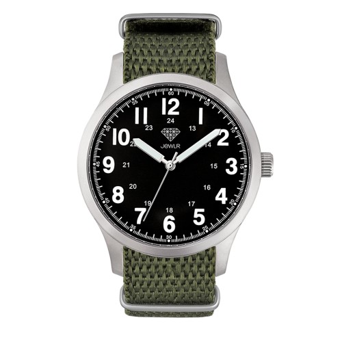 Men's Personalised Field Watch - 40mm Rover - Steel Case, Black Dial, Olive Nato