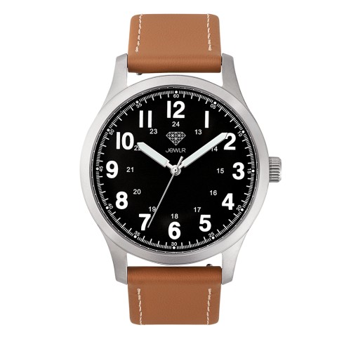 Men's Personalised Field Watch - 40mm Voyager - Steel Case, Black Dial, Tan Leather