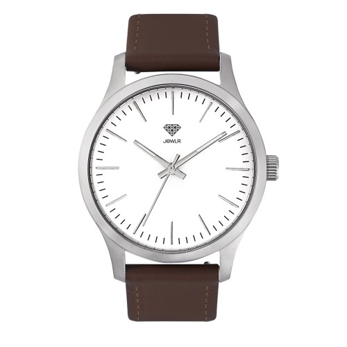 Men's Personalised Dress Watch - 40mm Downtown - Steel Case, White Dial, Brown Leather