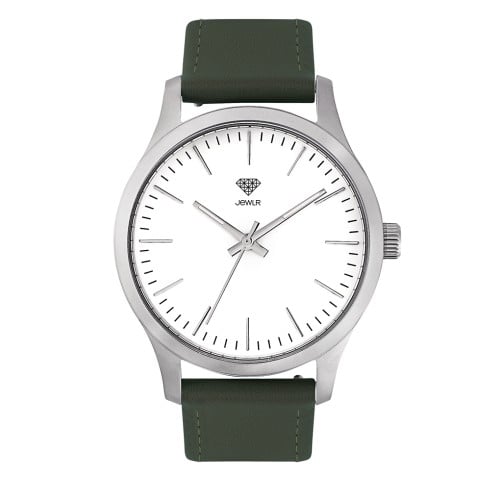 Men's Personalised Dress Watch - 40mm Downtown - Steel Case, White Dial, Green Leather