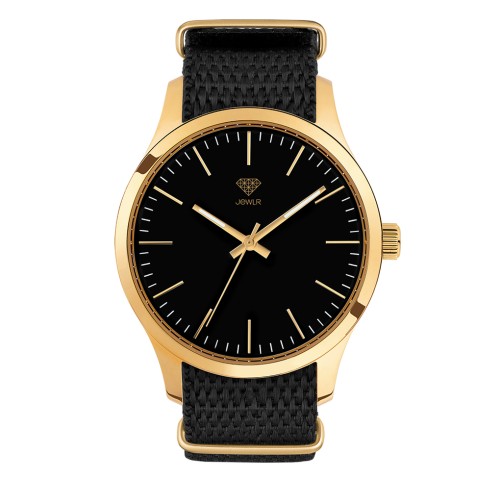Men's Personalised Dress Watch - 40mm Uptown - Gold Case, Black Dial, Black Nato