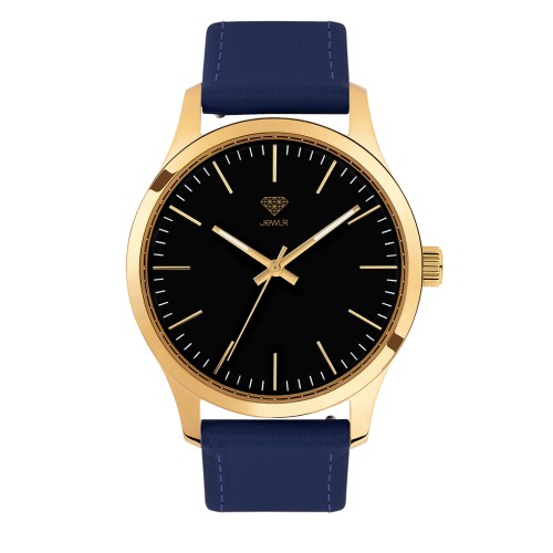Men's Personalised Dress Watch - 40mm Uptown - Gold Case, Black Dial, Blue Leather