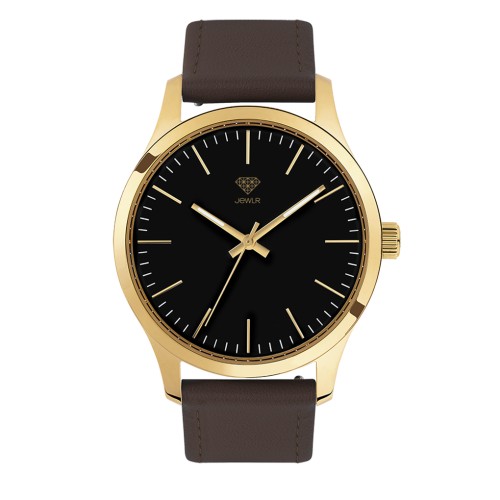 Men's Personalised Dress Watch - 40mm Uptown - Gold Case, Black Dial, Brown Leather
