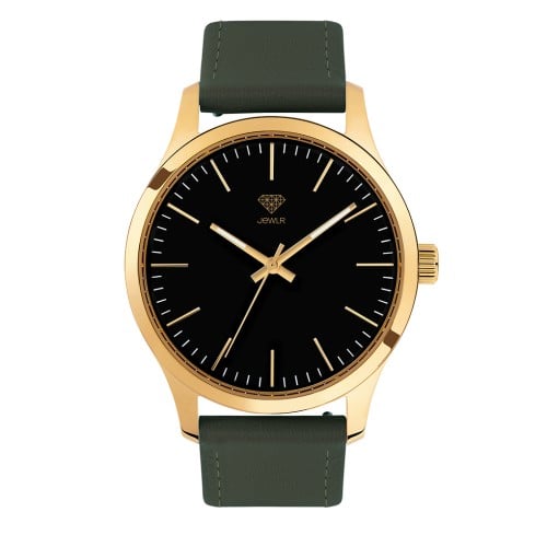 Men's Personalised Dress Watch - 40mm Uptown - Gold Case, Black Dial, Green Leather