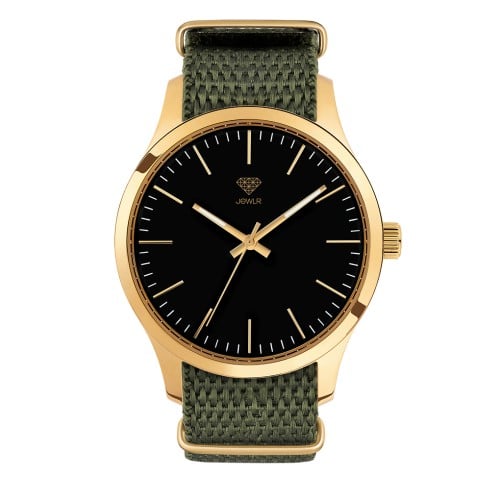Men's Personalised Dress Watch - 40mm Uptown - Gold Case, Black Dial, Olive Nato
