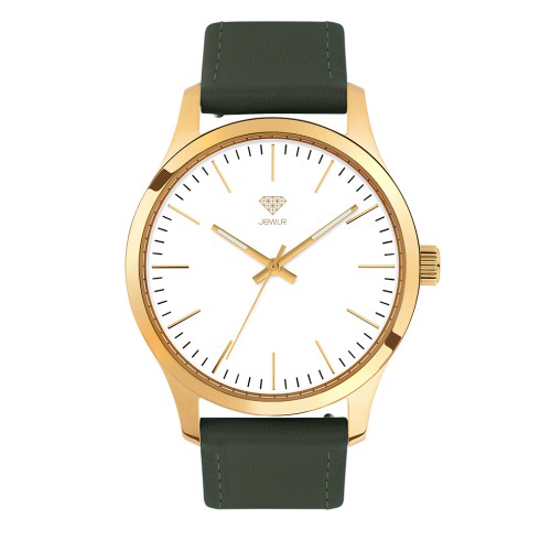 Men's Personalised Dress Watch - 40mm Uptown - Gold Case, White Dial, Green Leather