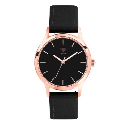 Women's Personalised Dress Watch - 32mm Metro - Rose Gold Case, Black Dial, Black Leather