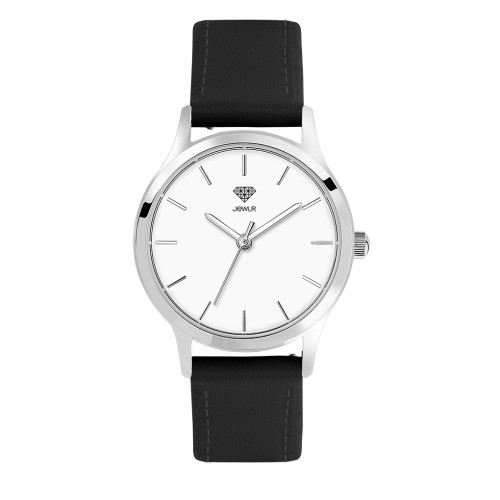 Women's Personalised Dress Watch - 32mm Downtown - Steel Case, White Dial, Black Leather