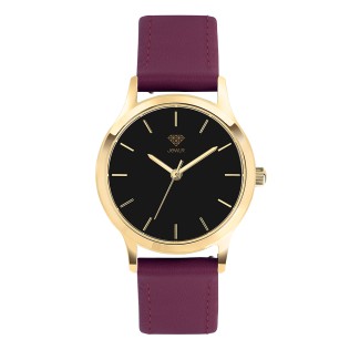 Women's Personalised Dress Watch - 32mm Uptown - Gold Case, Black Dial, Burgundy Leather