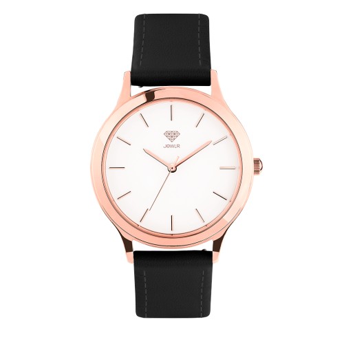 Women's Personalised Dress Watch - 36mm Metro - Rose Gold Case, White Dial, Black Leather