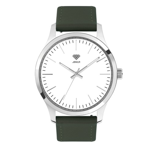 Women's Personalised Dress Watch - 40mm Downtown - Polished Steel Case, White Dial, Green Leather