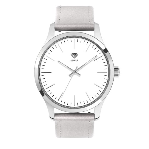 Women's Personalised Dress Watch - 40mm Downtown - Polished Steel Case, White Dial, Silver Leather