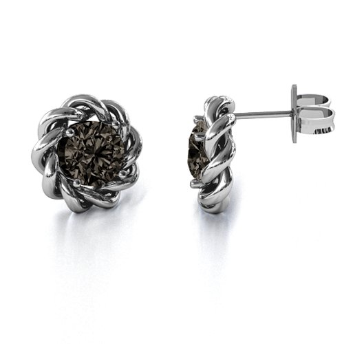 Twisted Stud Solitaire Earrings – Sterling Silver with Smokey Quartz