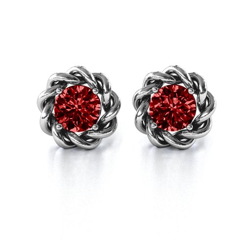 Twisted Stud Solitaire Earrings – Sterling Silver with Garnet