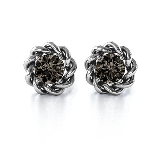Twisted Stud Solitaire Earrings – Sterling Silver with Smokey Quartz