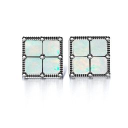 Vintage Princess Cut Stud Earrings in 925 Sterling Silver with Opal