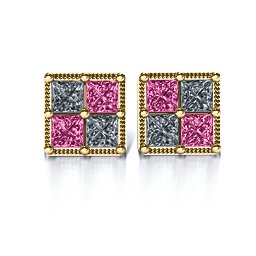 Vintage Princess Cut Stud Earrings in 9K Solid Yellow Gold with Cubic Zirconia and Pink Tourmaline