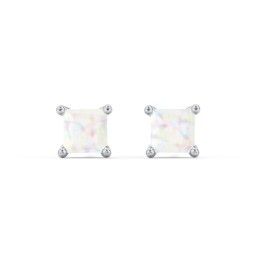 Princess Cut Stud Earrings in 925 Sterling Silver with Opal