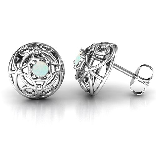 Elegant Filigree Dome Earrings – Sterling Silver with Opal