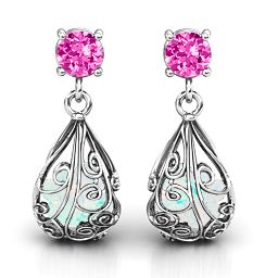 Elegant Drop Caged Earrings in 925 Sterling Silver with Pink Tourmaline and Opal