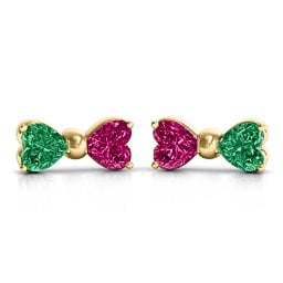 Adorable Bow Earrings in 9K Solid Yellow Gold with Emerald and Ruby
