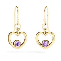 Dangling Heart Gemstone Earrings in 14K Solid Yellow Gold with Amethyst