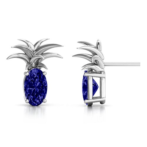 Oval Stone Pineapple Earrings – Sterling Silver with Blue Sapphire
