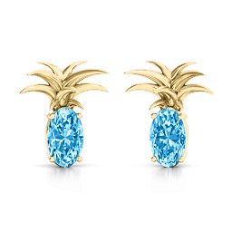 Oval Stone Pineapple Earrings in 9K Solid Yellow Gold with Blue Topaz