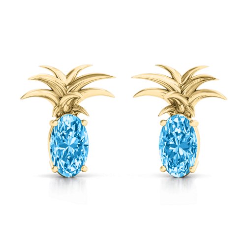 Oval Stone Pineapple Earrings – 9kt Yellow Gold with Blue Topaz