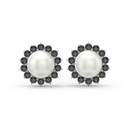 Freshwater Pearl Flower Halo Stud Earrings in 925 Sterling Silver with Black Premium Zirconia and Freshwater Pearl