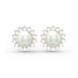Freshwater Pearl Flower Halo Stud Earrings in 9K Solid Yellow Gold