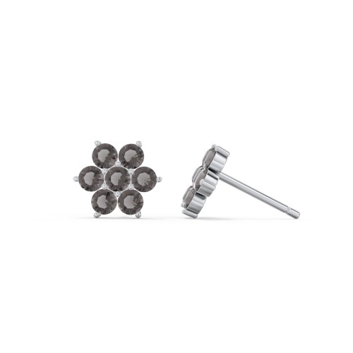 Flower Stud Earrings with Gemstones – Sterling Silver with Smokey Quartz