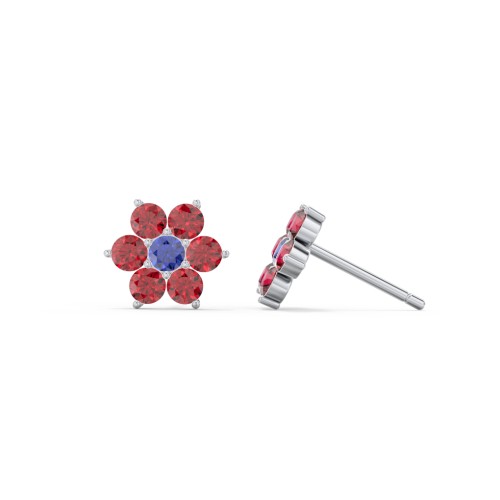 Flower Stud Earrings with Gemstones – Sterling Silver with Blue Sapphire and Garnet