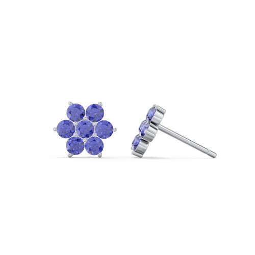 Flower Stud Earrings with Gemstones – Sterling Silver with Blue Sapphire