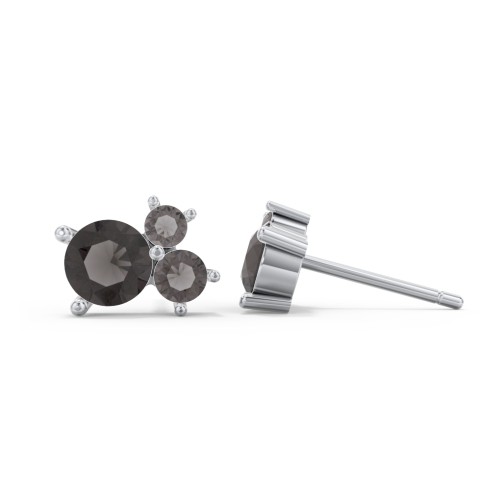 3-Stone Cluster Stud Earrings – Sterling Silver with Smokey Quartz