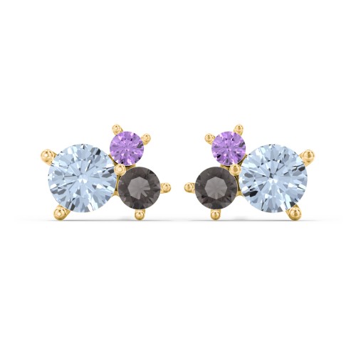 3-Stone Cluster Stud Earrings – 9kt Yellow Gold with Aquamarine, Smokey Quartz, and Amethyst