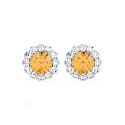 Halo Round Stud Earrings in 925 Sterling Silver with Citrine and White Premium Zirconia